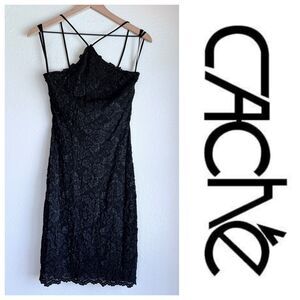 Vintage Cache Lace & Jewel Embellished Halter Neck Mini Dress in Black Size 6